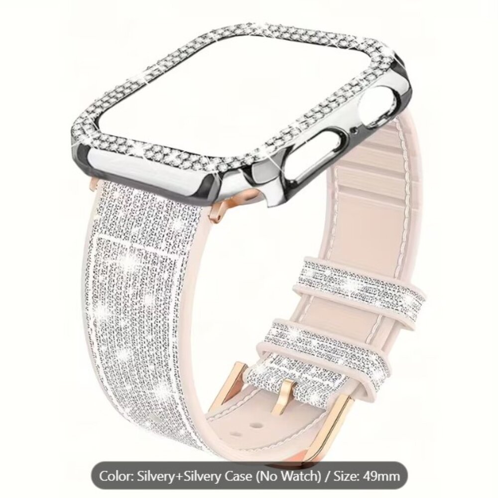 ✨NEW✨ Apple iWatch Wide Sparkly Band + Double Diamond Hollow Case Set. Silv-49mm